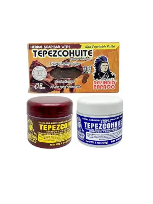 Del Indio Papago Anti-Aging Skincare Trio: Night Cream 2 oz, Day Cream 2 oz, and Tepezcohuite Natural Bar Soap