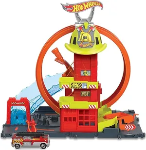 Hot Wheels Toy Car Track Set City Super Loop Fire Station